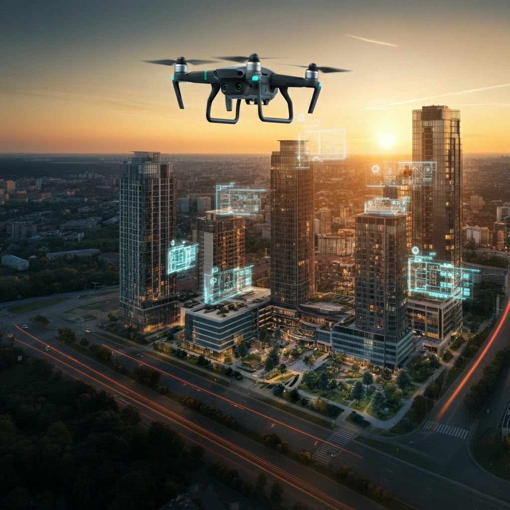 Drone flying over cityscape at sunset